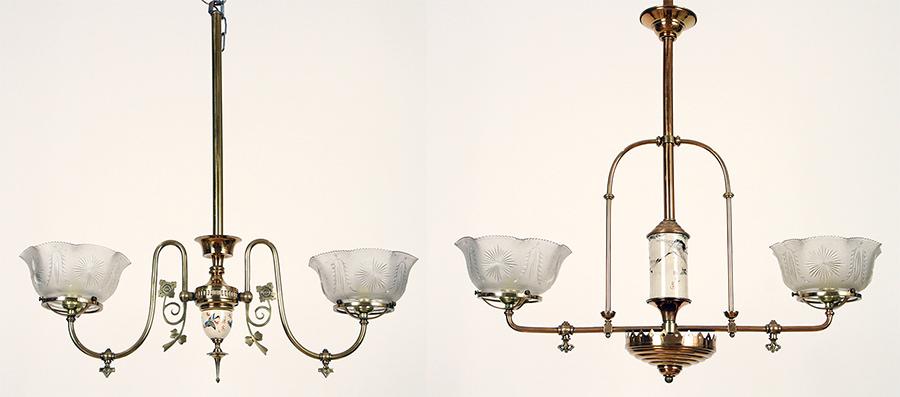 PAIR BRASS GLASS LONGWY GAS CHANDELIERS C.1870 (1 of 8)