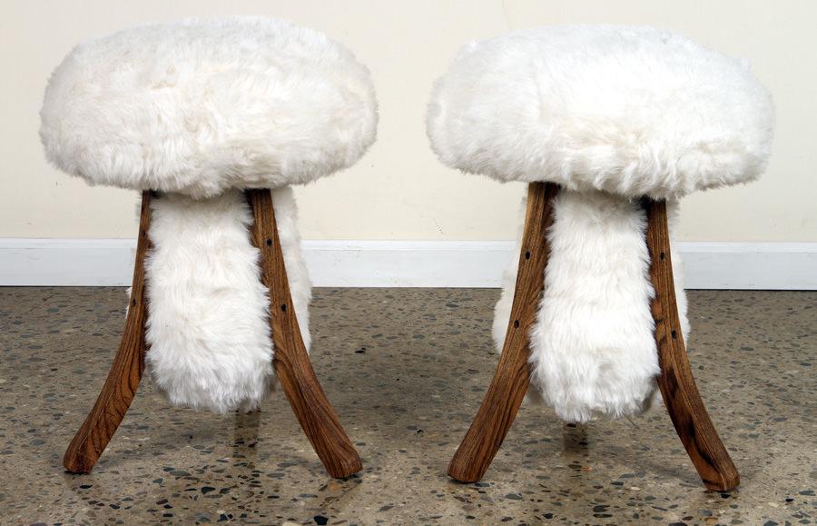 PAIR UPHOLSTERED MUSHROOM FORM STOOLS OAK LEGS (1 of 4)
