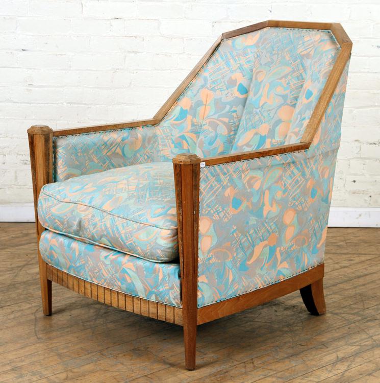 ART DECO CLUB CHAIR BEECH WOOD BURL WOOD C.1930: An Art Deco club chair having beech wood frame with burl wood accents circa 1930. Ht: 36.5" Wd: 28" Dpth: 34"