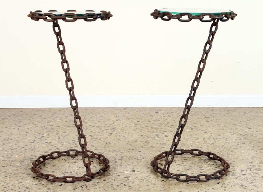 PAIR CIRCULAR CHAIN LINK END TABLES GLASS TOPS (1 of 5)