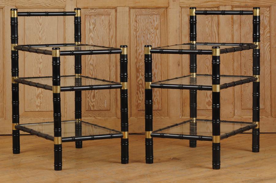 RARE PAIR FAUX BAMBOO BRONZE BAR CARTS 1950: A rare pair of faux bamboo ebonized and bronze mounted bar carts in the manner of Billy Haines having three glass shelves circa 1950. Ht: 33" Wd: 25" Dpth: 16"