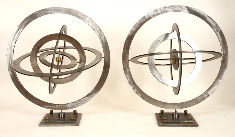 PAIR BRONZE STEEL ASTROLAB KINETIC SCULPTURES: A pair of bronze and steel Astrolab kinetic sculptures. Ht: 27" Dia: 25"