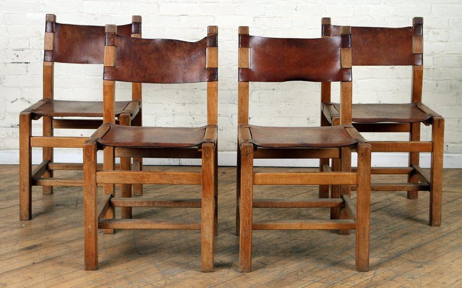 SET 4 FRENCH LEATHER AND OAK CHAIRS C.1940 (1 of 6)