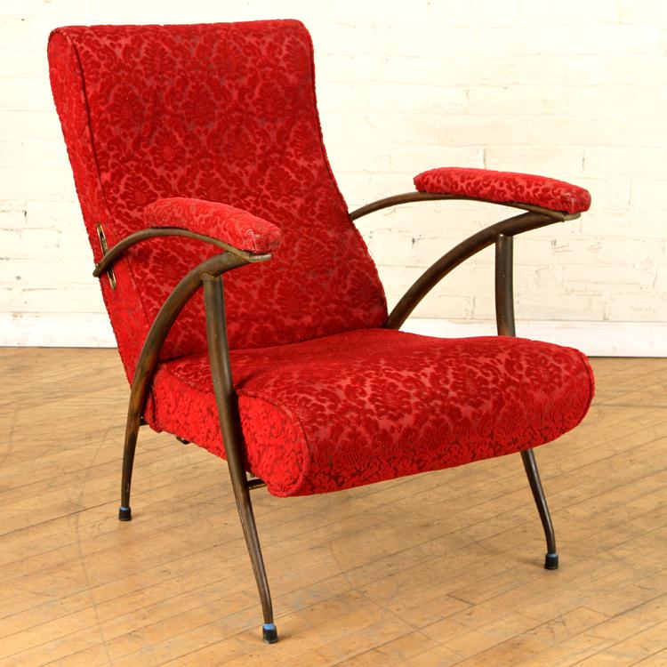 RECLINING ITALIAN UPHOLSTERED ARM CHAIR C.1950: A reclining Italian upholstered arm chair on brass frame circa 1950. Ht: 34.5" Wd: 23.75" Dpth: 31" Seat: 16"