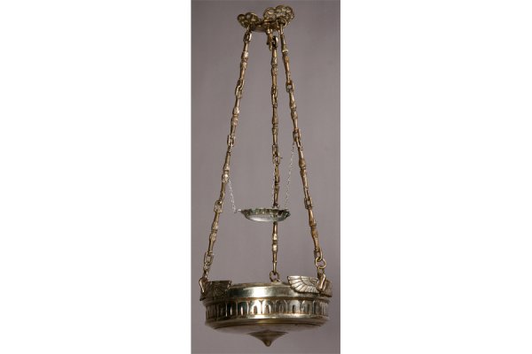 Art Deco nickel bronze hanging light lamp: An Art Deco nickel over bronze hanging light with six sides. H= 28" W= 11" ***PLEASE NOTE: All property shall be paid for by the purchaser within five (5) business days of the sale. Kamelot Auctions a