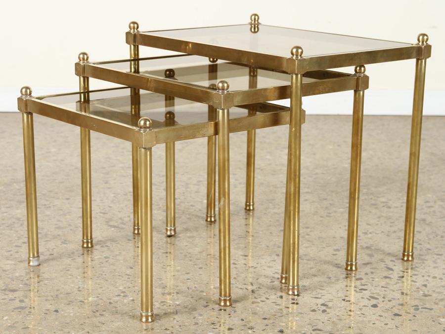 NEST OF 3 BRASS TABLES SMOKED GLASS TOP C.1970 (1 of 5)