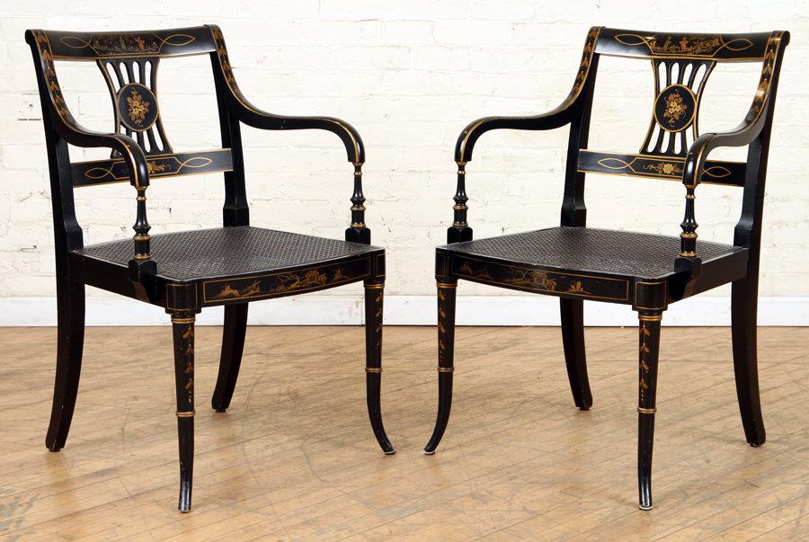 PAIR REGENCY STYLE OPEN ARM CHAIRS CANE SEATS (1 of 7)