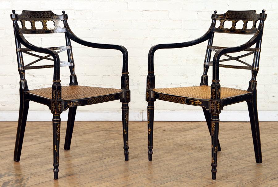 PAIR 19TH C. ENGLISH ADAMS STYLE OPEN ARM CHAIRS (1 of 7)
