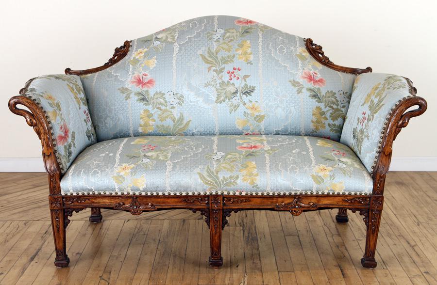 CARVED UPHOLSTERED WALNUT CAMELBACK SOFA C.1910 (1 of 6)