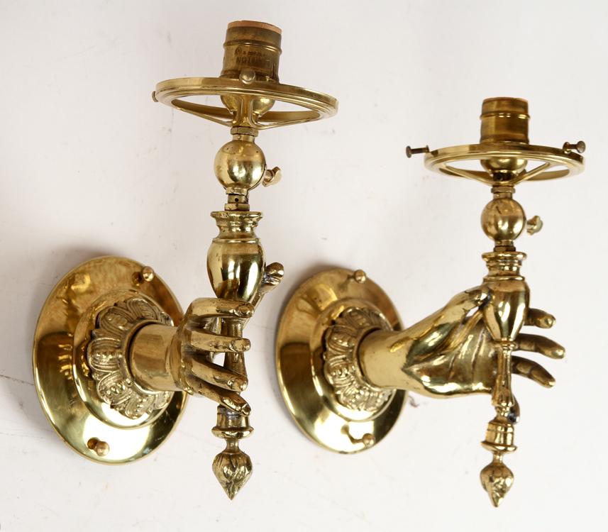 PAIR SINGLE ARM BRONZE SCONCES IN FORM OF HANDS (1 of 5)