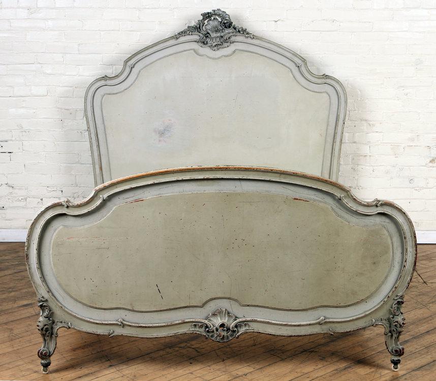 LOUIS XV STYLE CARVED AND PAINTED BED C.1900: A Louis XV style carved and painted bed circa 1900. Interior dimensions: 54.5" x 78.5" Ht: 58" Wd: 62" Dpth: 83"