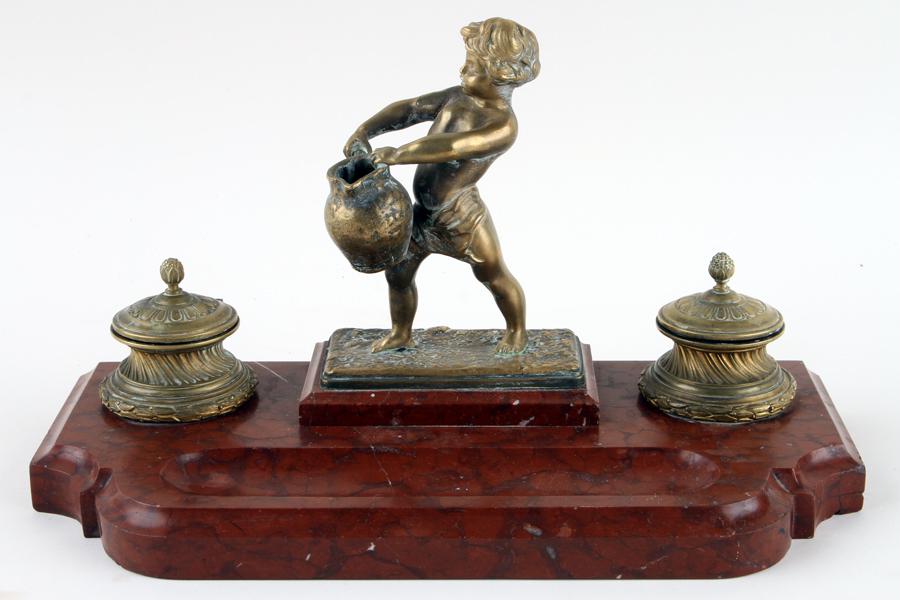BRONZE AND MARBLE INKWELL SET CIRCA 1900 (1 of 6)