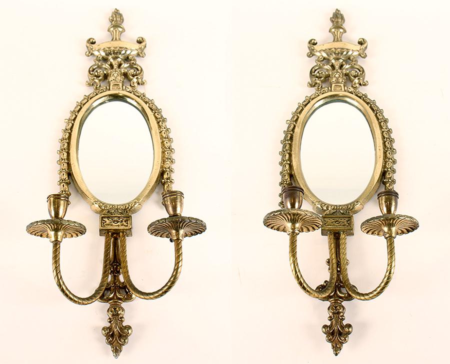 PAIR BRONZE SCONCES WITH MIRROR AND CRYSTALS (1 of 5)