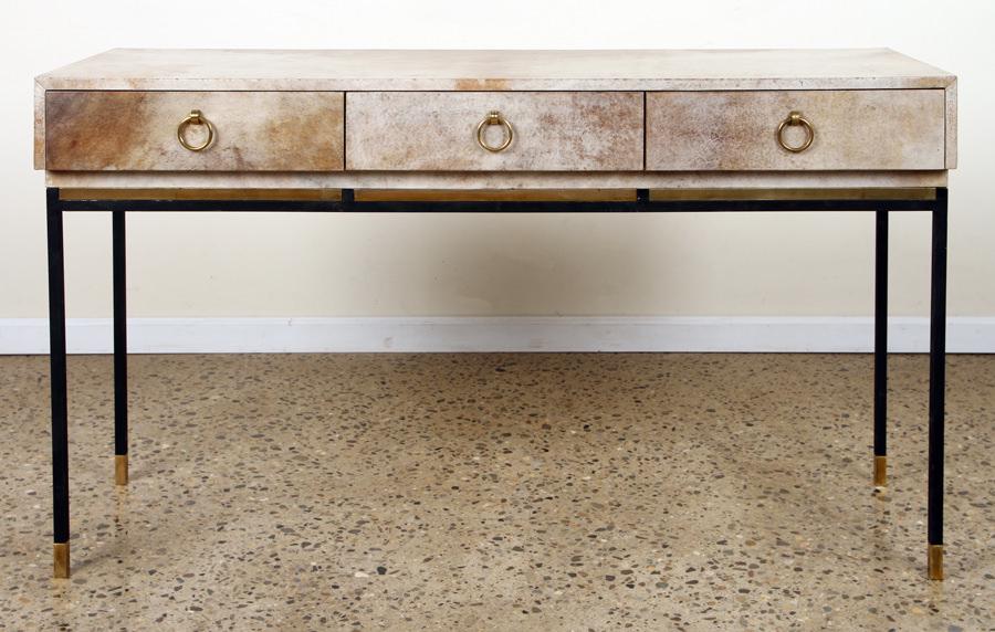 PARCHMENT CONSOLE TABLE IRON BRASS BASE C.1950 (1 of 6)