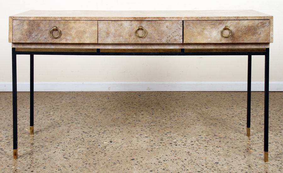 PARCHMENT CONSOLE TABLE IRON BRASS BASE C.1950 (1 of 6)