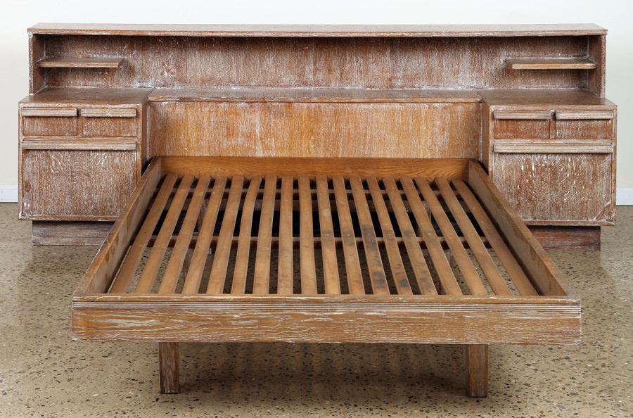 UNUSUAL CERUSED OAK BED AND NIGHT STANDS C.1945 (1 of 7)