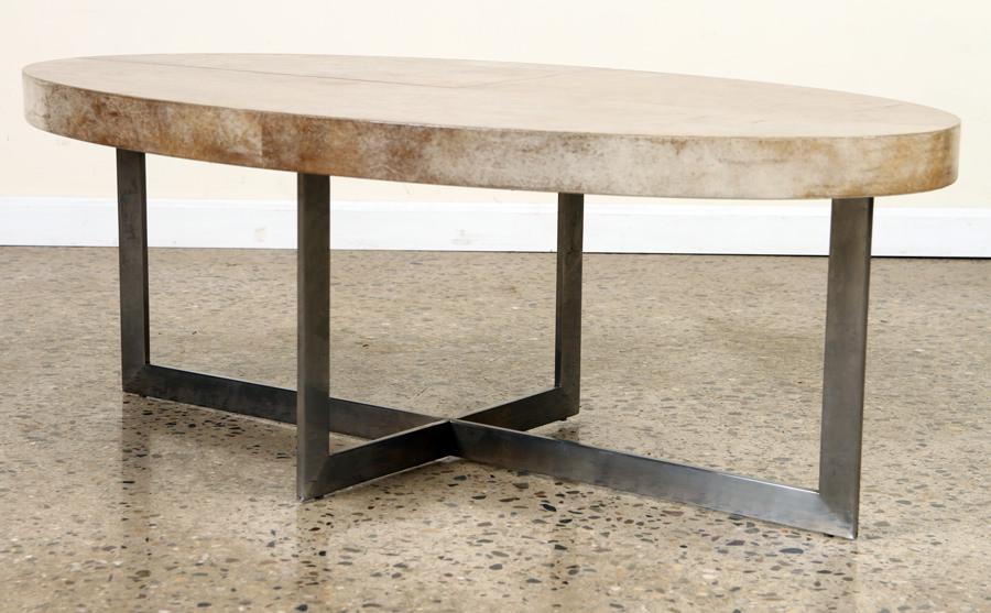 OVAL PARCHMENT COVERED STEEL COFFEE TABLE (1 of 4)