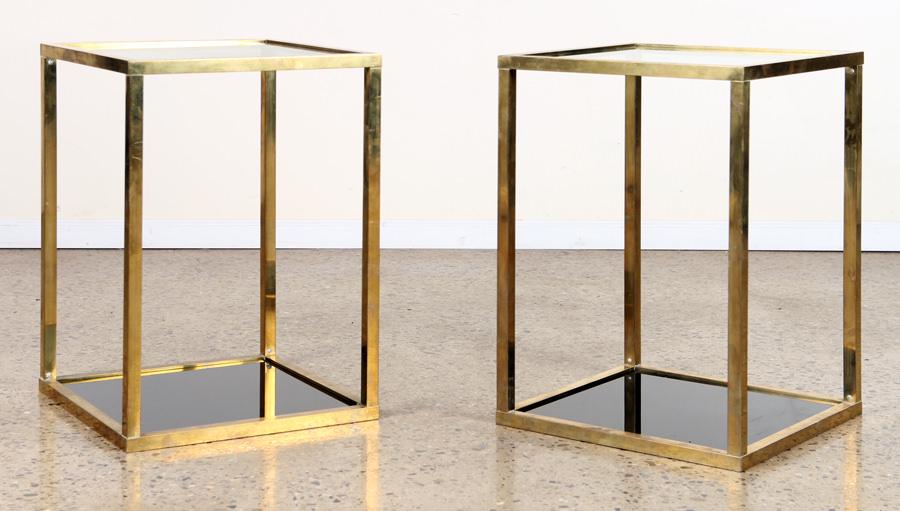 PAIR BRASS BLACK GLASS COFFEE TABLES C.1960 (1 of 4)