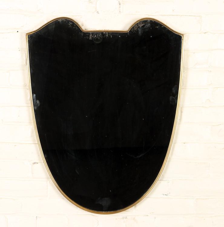 ITALIAN BRASS GLASS SHIELD FORM MIRROR C.1950 (1 of 4)