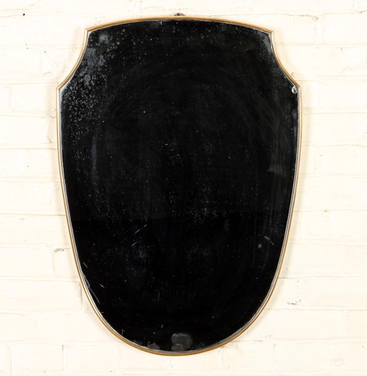 ITALIAN BRASS GLASS SHIELD FORM MIRROR C.1950 (1 of 4)