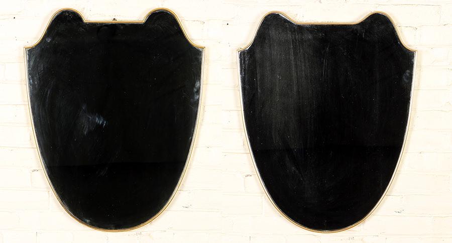PAIR ITALIAN BRASS GLASS SHIELD FORM MIRRORS 1950 (1 of 6)