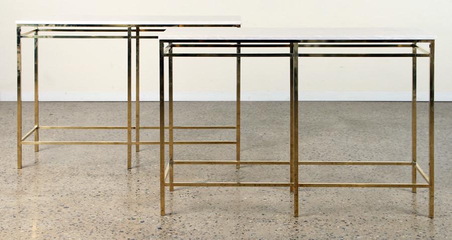 PAIR ITALIAN RECTILINEAR BRASS CONSOLE TABLES: A pair of Italian rectilinear brass console tables with beautiful pearl marble tops. Ht: 34" Wd: 51.5" Dpth: 15.5"