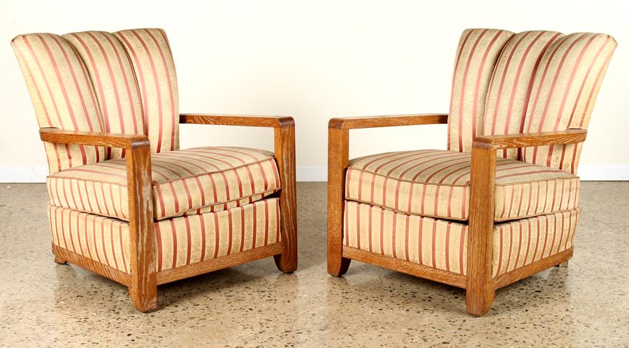 PAIR FRENCH CERUSED OAK OPEN ARM CLUB CHAIRS 1940 (1 of 6)