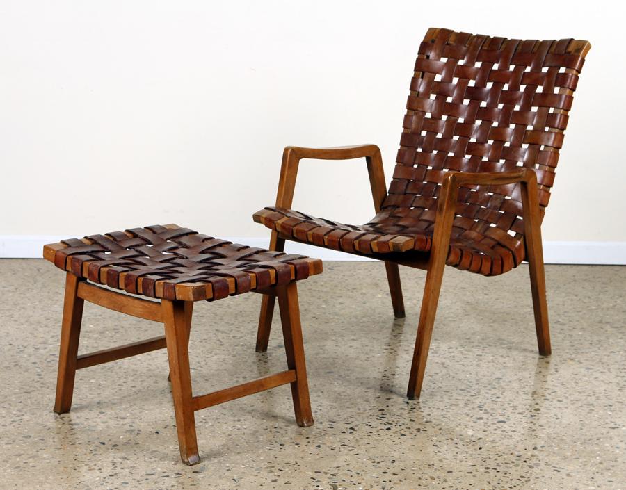 MID CENTURY MODERN OPEN ARM CHAIR & STOOL LEATHER (1 of 6)