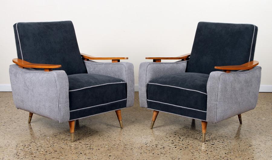 PAIR UPHOLSTERED MID CENTURY MODERN CLUB CHAIRS (1 of 6)