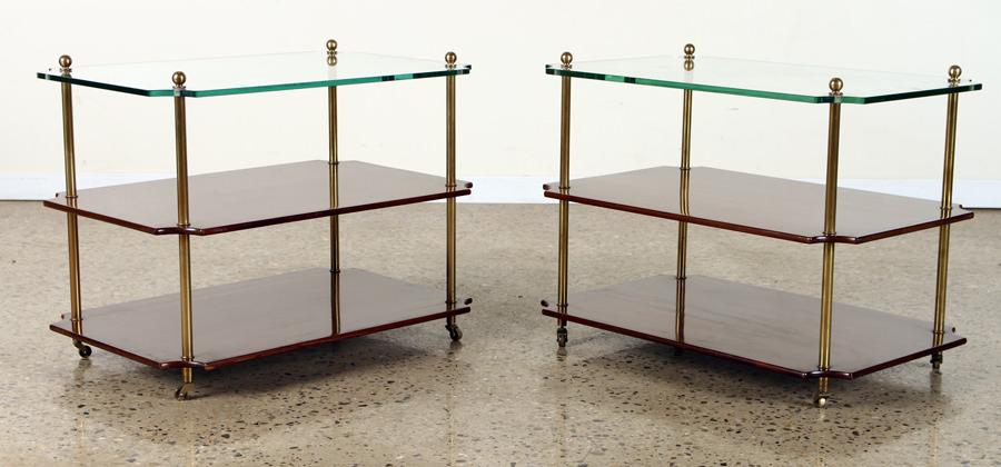 PAIR MAHOGANY 3-TIER END TABLES GLASS TOP C.1960 (1 of 6)