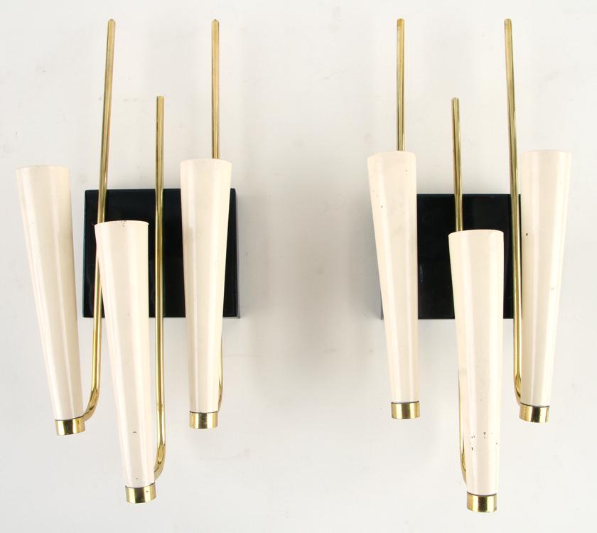 PAIR ITALIAN WOOD BRASS IRON WALL SCONCES C.1960 (1 of 6)