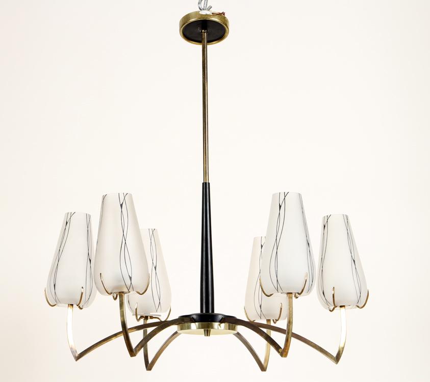 BRASS EBONIZED WOOD ITALIAN 6-ARM CHANDELIER 1950: A brass and ebonized wood Italian six arm chandelier circa 1950. Ht: 30" Dia: 28"