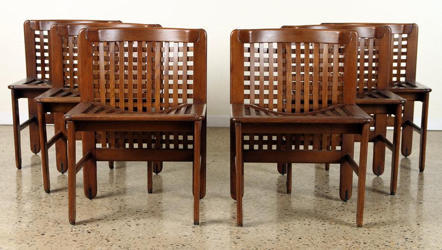 SET 6 ITALIAK OAK DINING CHAIRS BY POZZI & VERGA: A set of six oak Italian dining chairs by Pozzi and Verga circa 1980. Having woven seats and backs. Ht: 29.5" Wd: 21" Dpth: 21" Seat: 17"