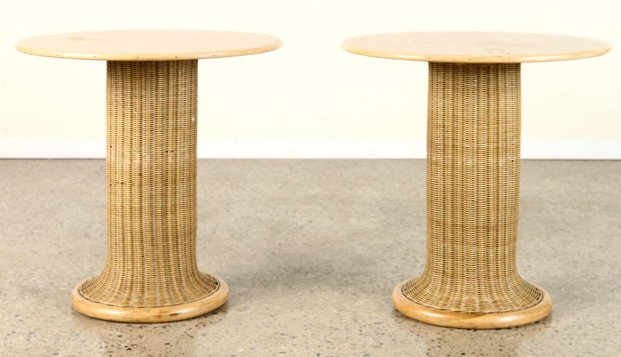 PAIR ITALIAN RATTAN SIDE TABLES CIRCULAR TOP 1970 (1 of 4)