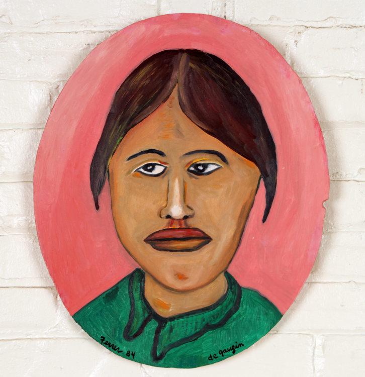 RAFAEL FERRER "DE GAUGIN" ACRYLIC ON WOOD PANEL: Rafael Ferrer (Pennsylvania, B.1933) "De Gaugin", acrylic on wood panel, signed lower left and dated 1984. Ht: 18" Wd: 15" (unframed)