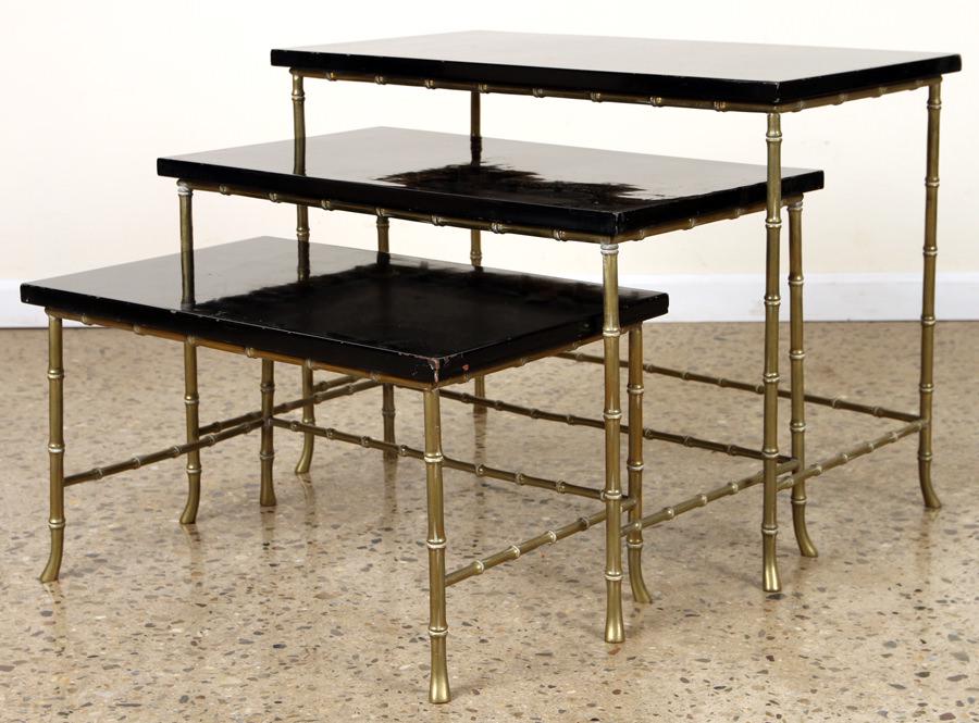 LARGE SET 3 WOOD BRONZE NESTING TABLES BY JANSEN (1 of 5)