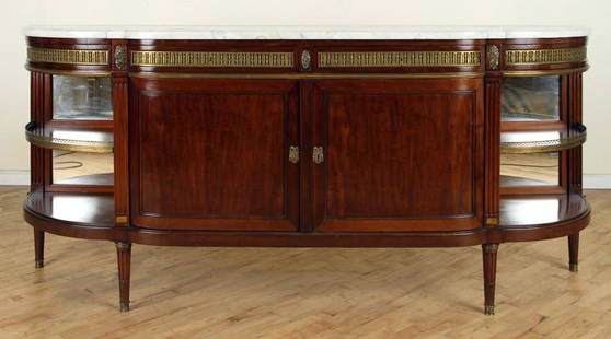 FRENCH MAHOGANY SIDEBOARD BY MAISON FOREST C.1900: A quality French mahogany and bronze mounted Louis XVI style marble top sideboard by Maison Forest circa 1900. Ht: 39" Wd: 87" Dpth: 21.5"