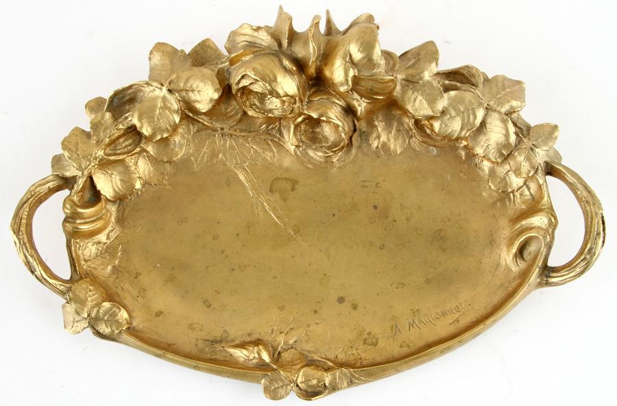 SIGNED ALBERT MARIONNET BRONZE TWIN HANDLED TRAY (1 of 7)
