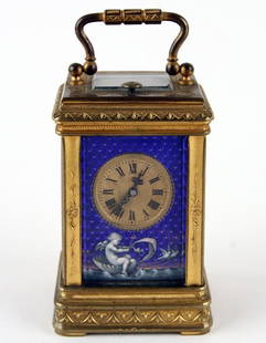 19TH C. AIGUILLES ENAMELED BRONZE CARRIAGE CLOCK: A nineteenth century Aiguilles enameled bronze and cobalt blue guilloche carriage clock with hand painted cherubs, marked Aiguilles on movement. Chimes twelve times when the pull is activated. Ht: 4"