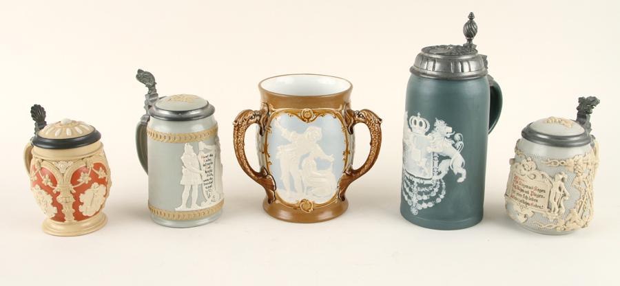FIVE METTLACH STONEWARE STEINS & LOVING CUP (1 of 8)