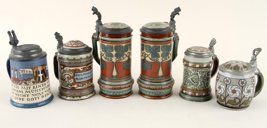 SIX METTLACH STONEWARE STEINS (1 of 7)