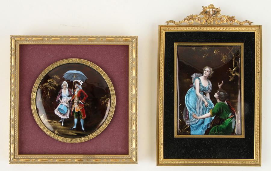 TWO FRENCH ENAMEL PLAQUES COURTING SCENES C.1900 (1 of 6)