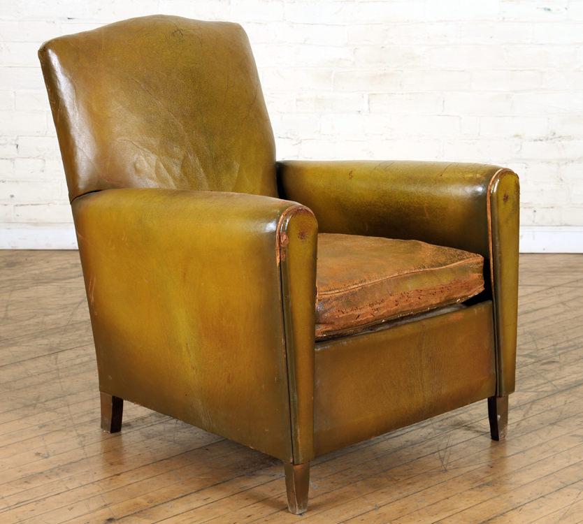 FRENCH LEATHER CLUB CHAIR INTERESTING LEMON COLOR (1 of 5)