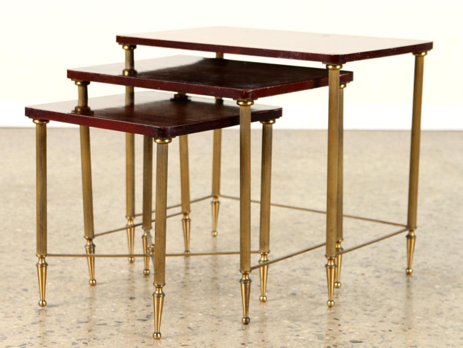 SET 3 MAHOGANY BRASS NESTING TABLES C.1950 (1 of 5)