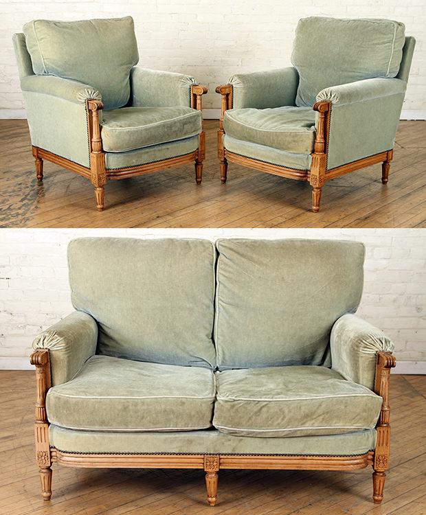 PAIR FRENCH BERGERE CHAIRS & MATCHING SETTEE 1930 (1 of 9)
