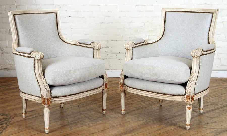 PAIR UPHOLSTERED BERGERE CHAIRS FOLIATE CARVINGS (1 of 7)