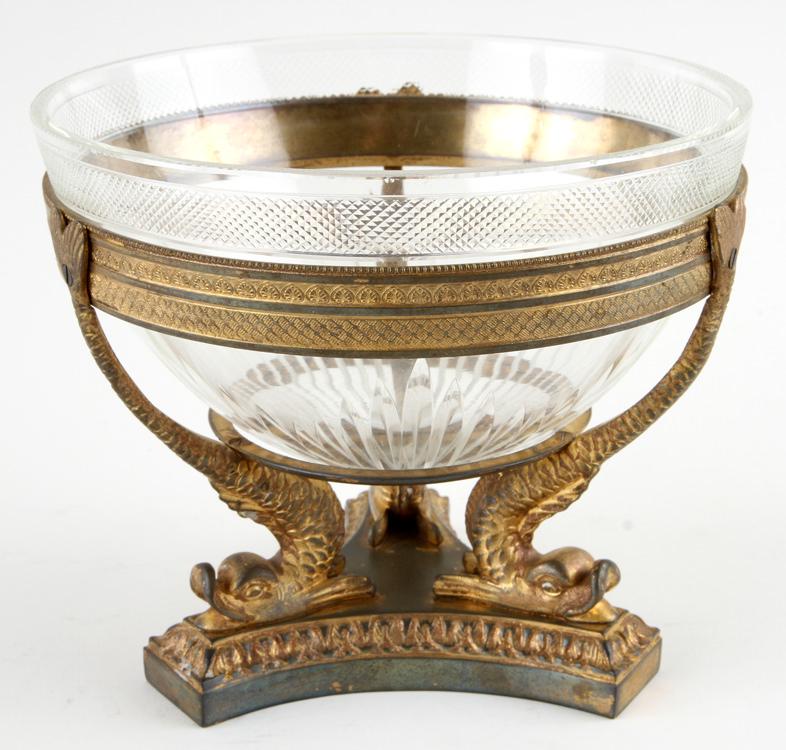 19TH C. FRENCH BRONZE CRYSTAL CENTER BOWL: A nineteenth century French bronze and crystal center bowl in the Empire style with dolphin base and cut crystal. Ht: 5.625" Dia: 6.75"