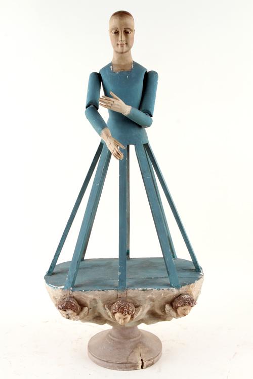 PAINTED CARVED WOOD CAGE DOLL ON CARVED BOX (1 of 8)