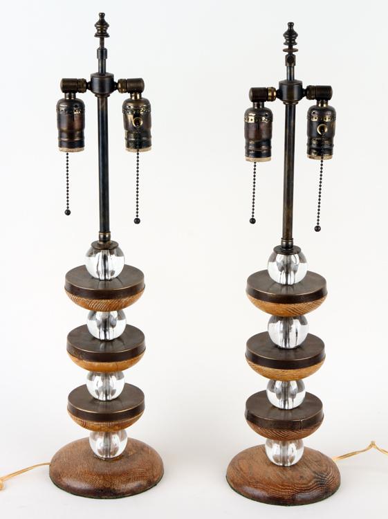 PAIR WOOD AND BRASS ADJUSTABLE TABLE LAMPS (1 of 5)