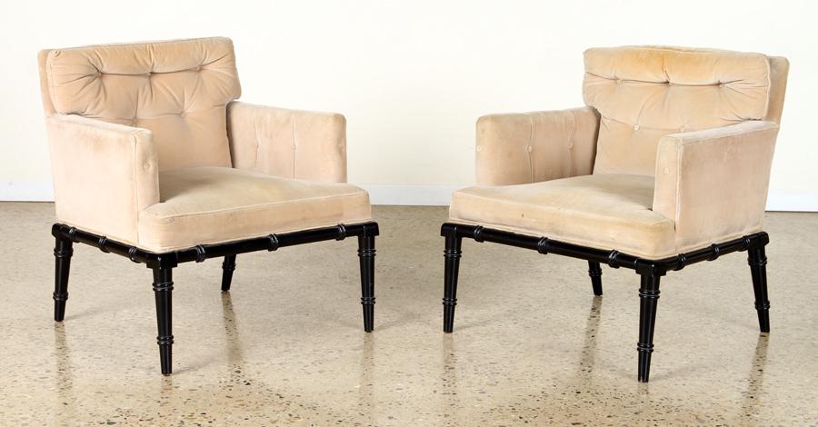 PAIR EBONIZED FAUX BAMBOO UPHOLSTERED CHAIRS 1950 (1 of 6)